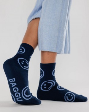 Baggu Crew Socks Navy Happy | 742KZDCHQ