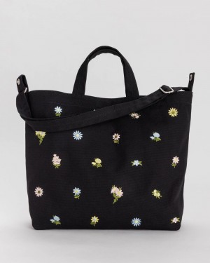 Baggu Horizontal Duck Tote Bags Embroidered Ditsy Floral Black | 246AQWVDH