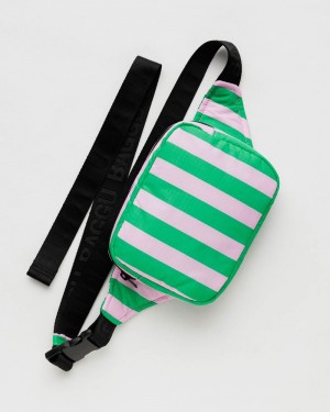 Baggu Puffy Fanny Pack Crossbody Bags Pink Green Awning Stripe | 368IQMZJH