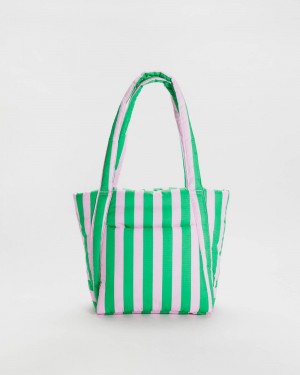 Baggu Puffy Mini Tote Bags Pink Green Awning Stripe | 423AWYUOG