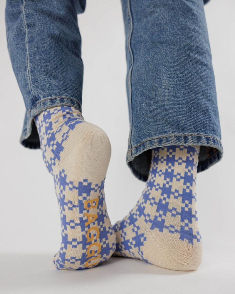 Baggu Crew Socks Blue Pixel Gingham | 148QAGTKU