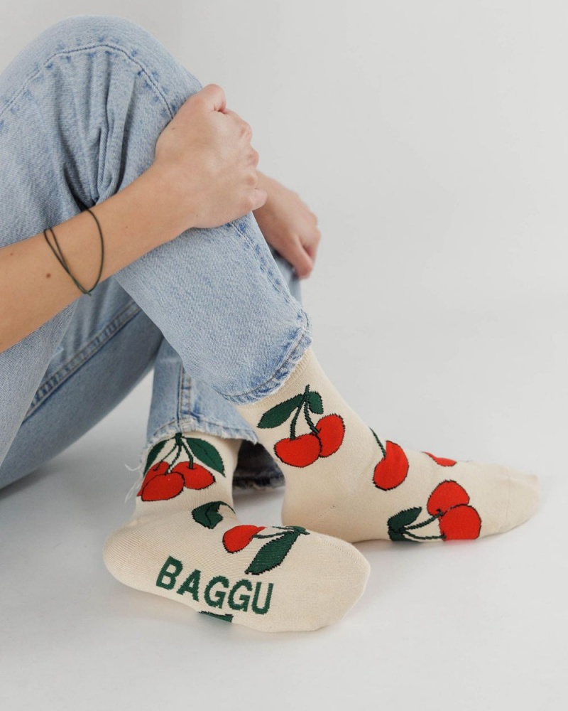 Baggu Crew Socks Ecru Cherry | 897QVOMTE