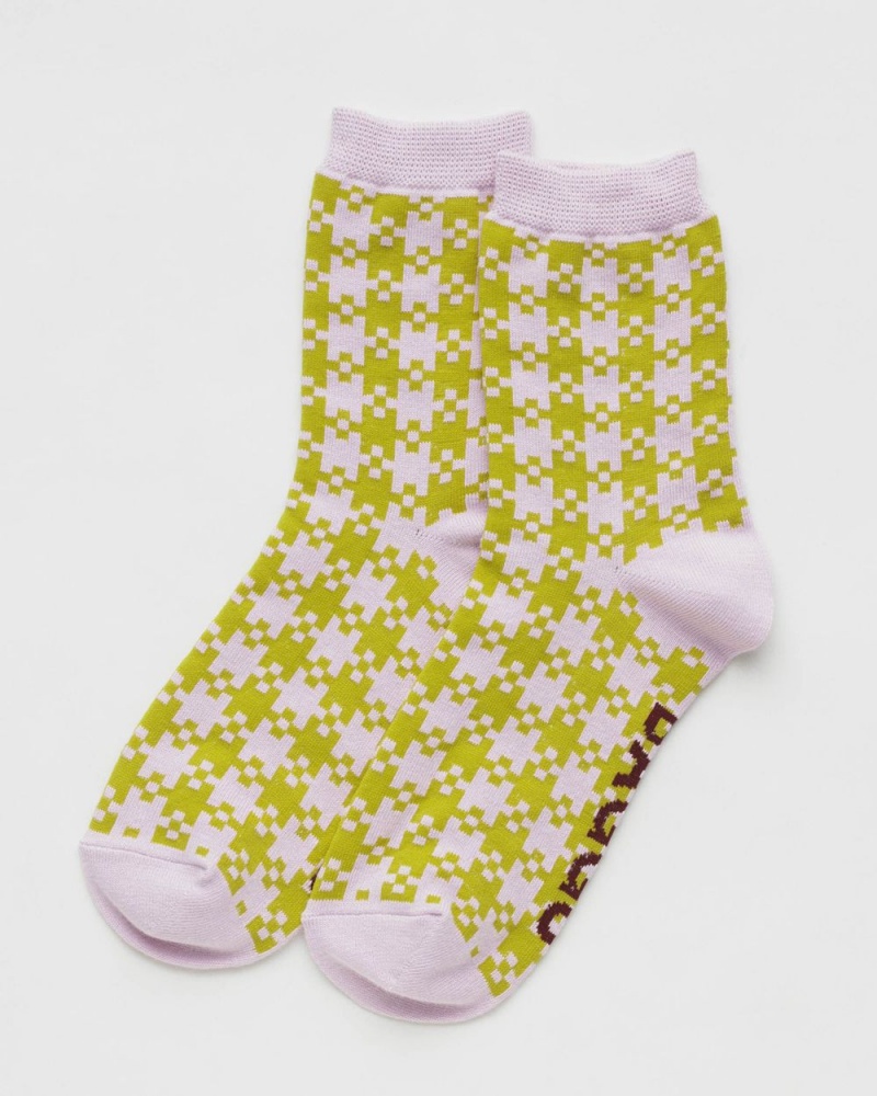 Baggu Crew Socks Pink Pistachio Pixel Gingham | 945LVBPMR