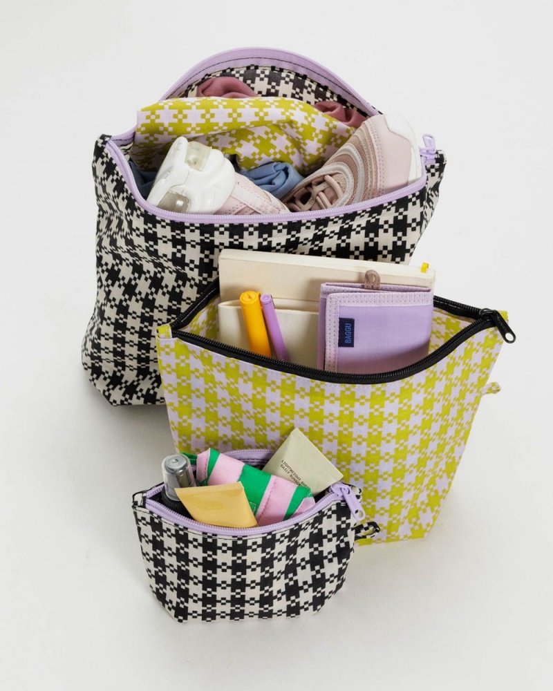 Baggu Go Pouch Set Pouches Black Pistachio Pixel Gingham | 713UICAML