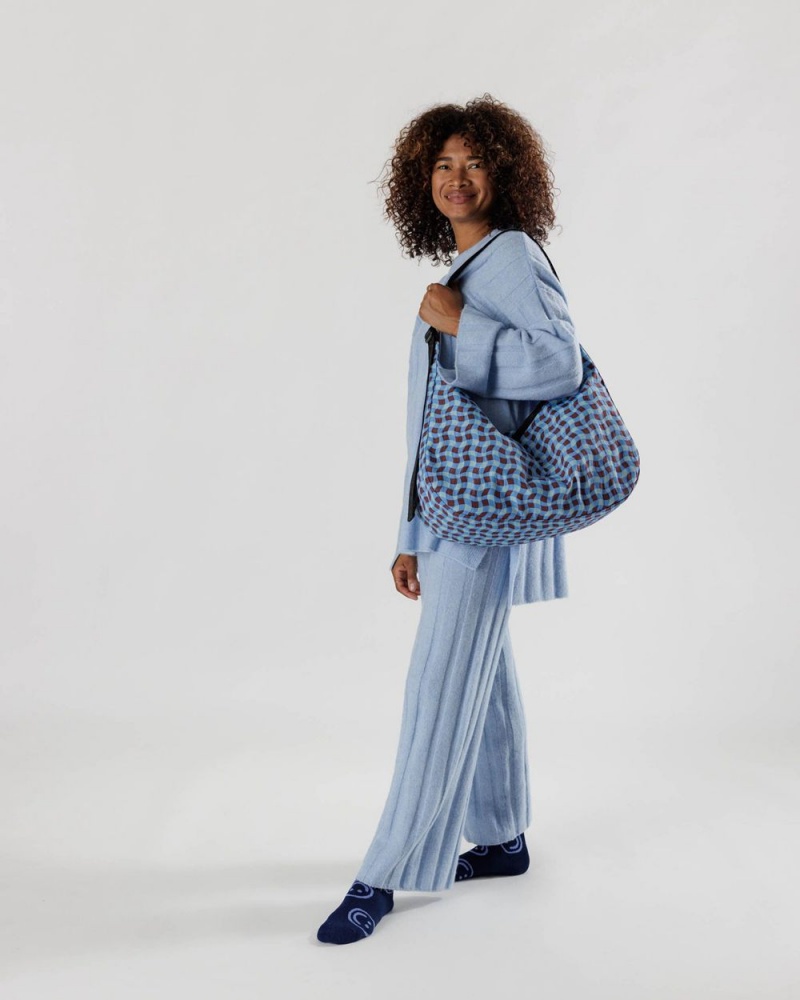 Baggu Large Nylon Crescent Crossbody Bags Wavy Gingham Blue | 453NQIMGF