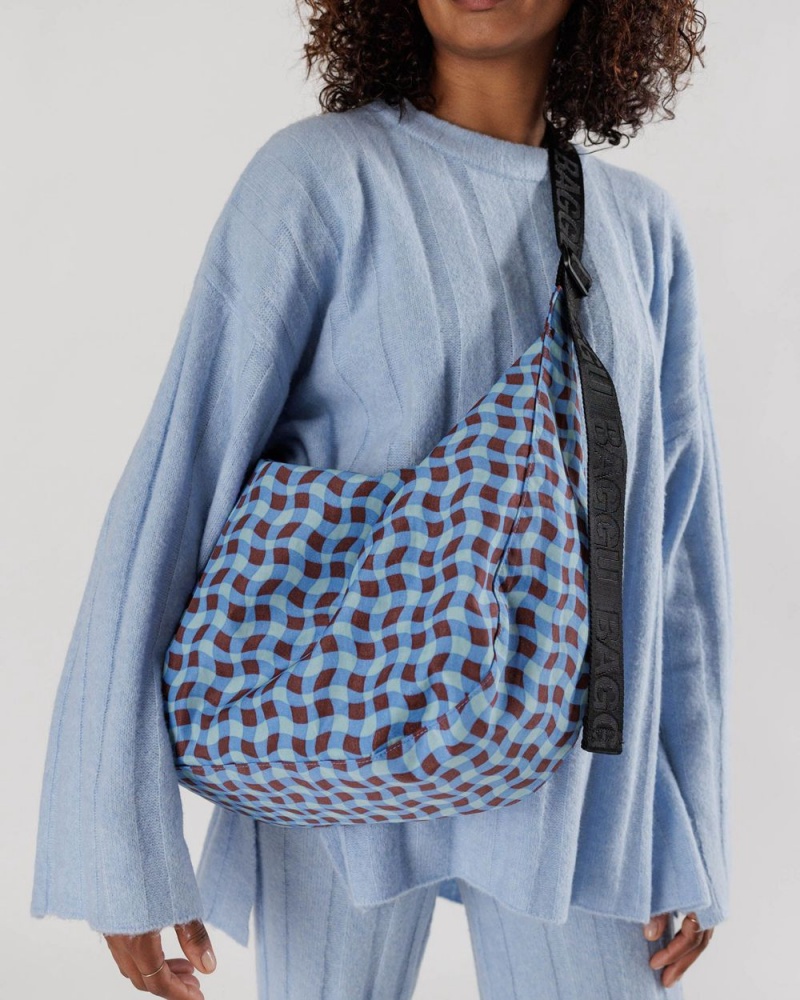 Baggu Large Nylon Crescent Crossbody Bags Wavy Gingham Blue | 453NQIMGF