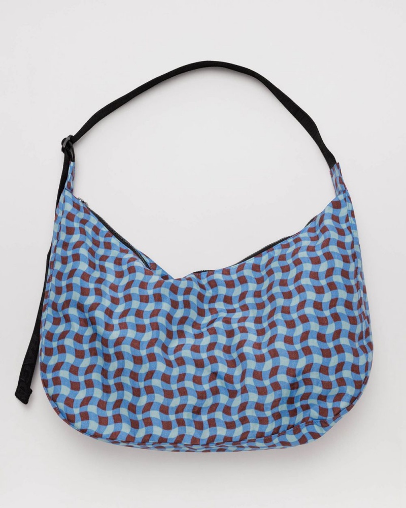 Baggu Large Nylon Crescent Crossbody Bags Wavy Gingham Blue | 453NQIMGF