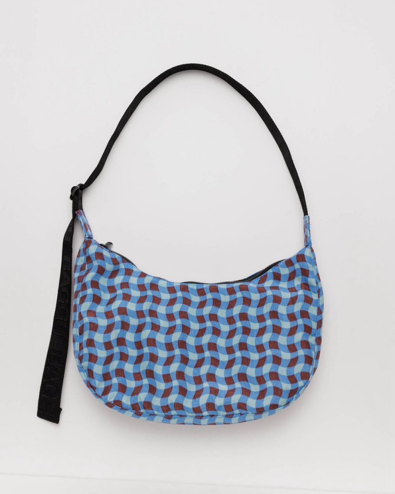 Baggu Medium Nylon Crescent Crossbody Bags Wavy Gingham Blue | 231TMOCXD