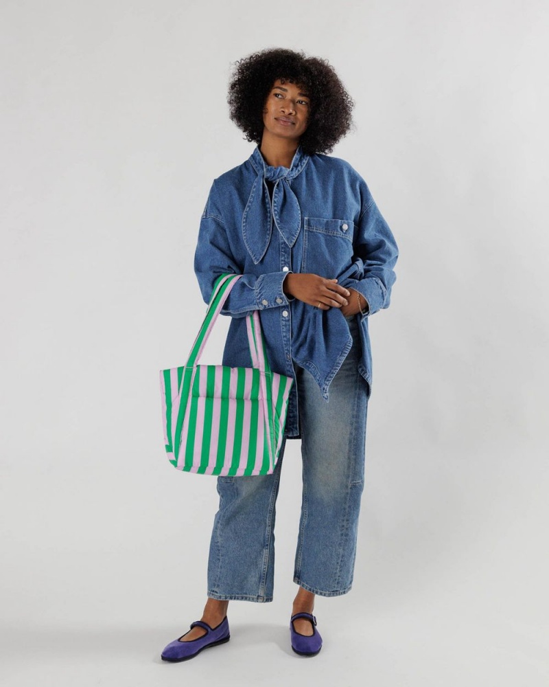 Baggu Puffy Mini Tote Bags Pink Green Awning Stripe | 423AWYUOG