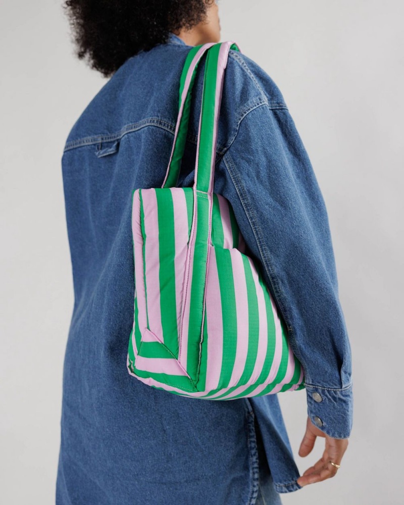 Baggu Puffy Mini Tote Bags Pink Green Awning Stripe | 423AWYUOG